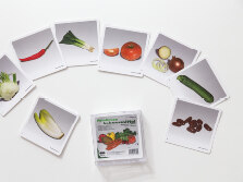 Eine Kunststoff-Box enthält farbige quadratische Karten mit Verschiedenen Objekten, z.B. Lebensmitteln.