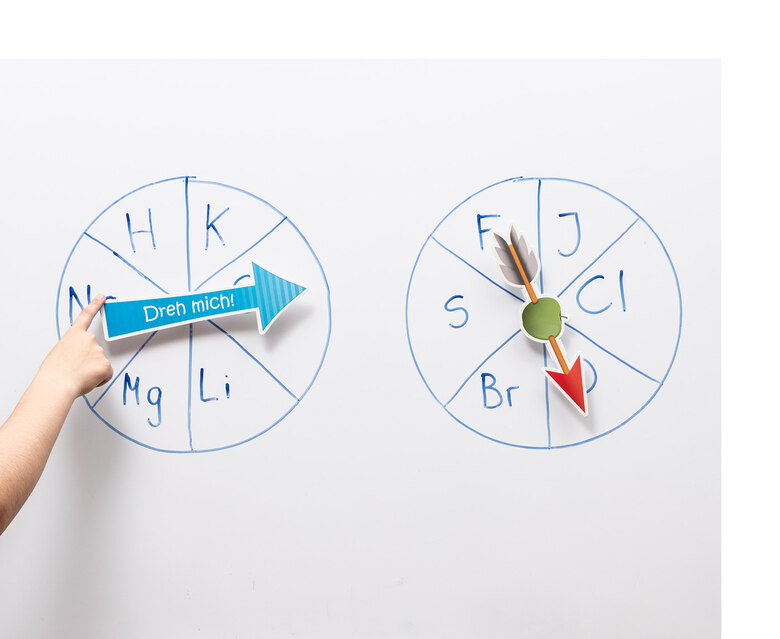 Ein Pfeil, auf dem "Dreh mich" geschrieben steht, liegt auf einem Kreis, der in 6 gleiche Teile geteilt ist. In jedem Teil steht ein Buchstabe. Daneben ein weiterer 6-teiliger Kreis mit Buchstaben, auf dem ein Pfeil liegt., 