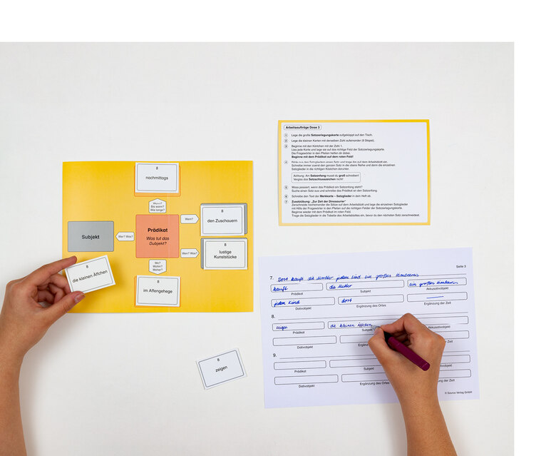 Auf einer Unterlage liegen Karten mit Wortgruppen, die zu einem Satz gelegt werden. Daneben ein Blatt, auf dem der gelegte Satz geschrieben wird.