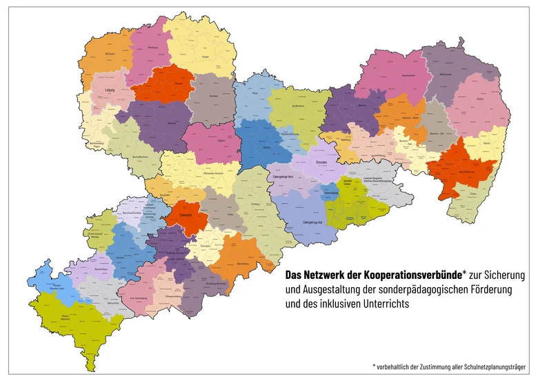 Karte von Sachsen mit einer farbigen Darstellung des Netzwerkes der Kooperationsverbünde.