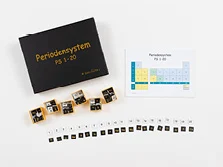 Eine Spielunterlage, die das Periodensystem abbildet, und Spielsteine, die die ersten zwanzig Elemente des Periodensystems abbilden, liegen geordnet nebeneinander.